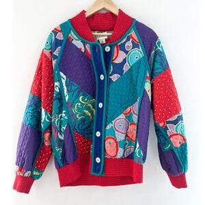 1980s Vintage Jacket 80s Patchwork Colorful Colorblock Jacket Maximalist Cotton